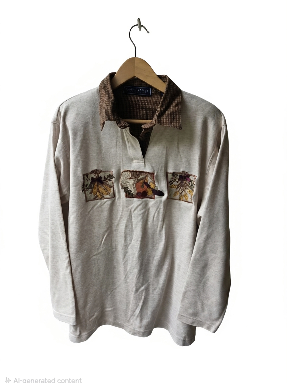 Karen Scott Long-Sleeve Collared Jersey Knit Top with Fall Embroidery - Medium
